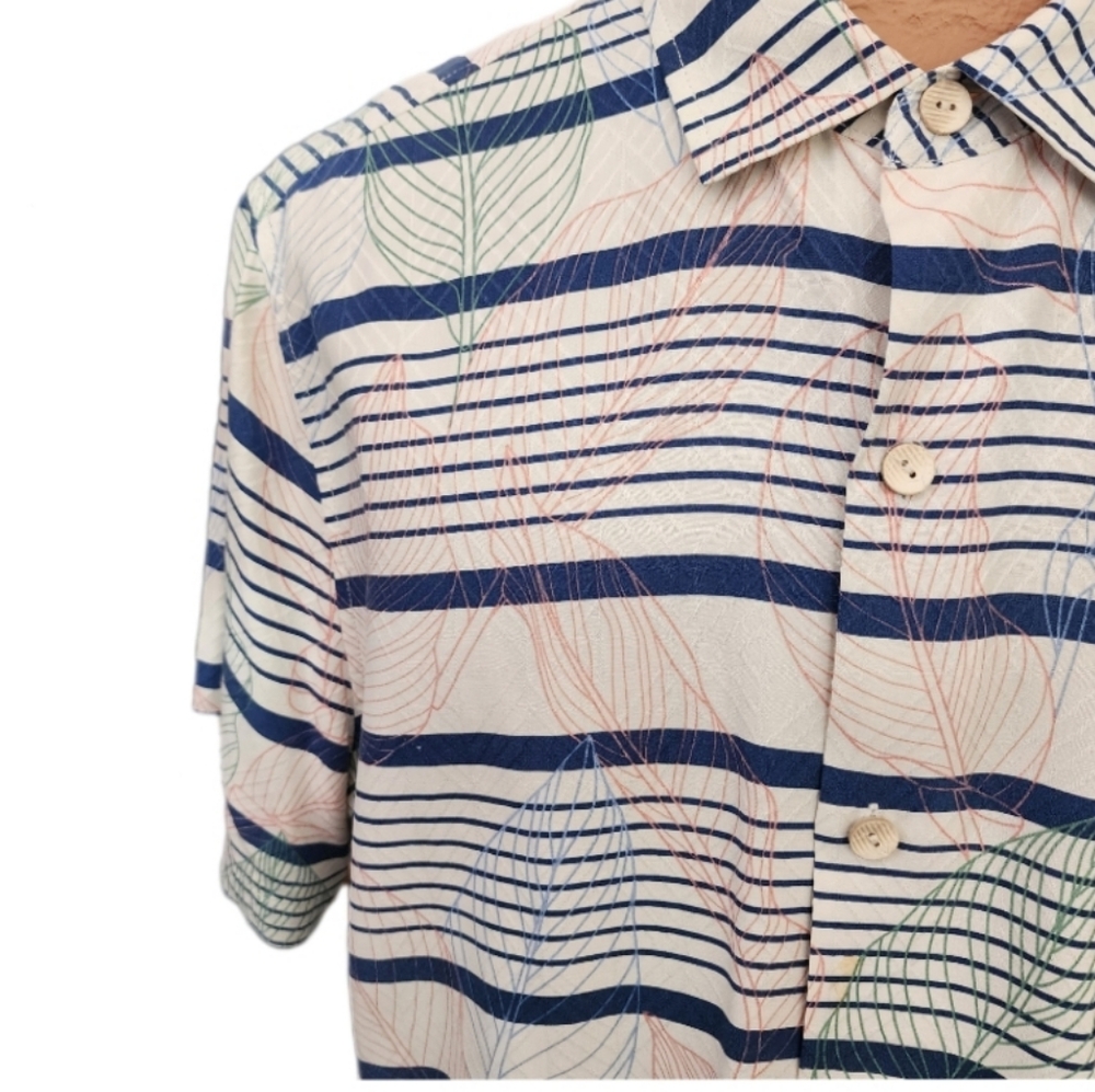 TOMMY BAHAMA 100% Silk Striped Leaf Print Button Up Shirt Cream Multi  S… - Picture 4 of 15